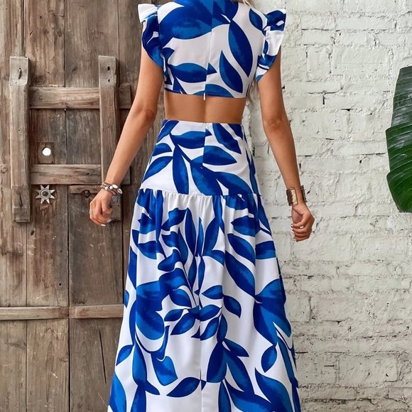 White And Blue Boho Womens Plants Print Ring Linked Cut Out Ruffle Hem Dress - Picture 3 of 5